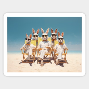 5 Rabbits Sunbathing On Deckchairs One The Beach Wearing Sun Glasses With Bow Ties Sticker